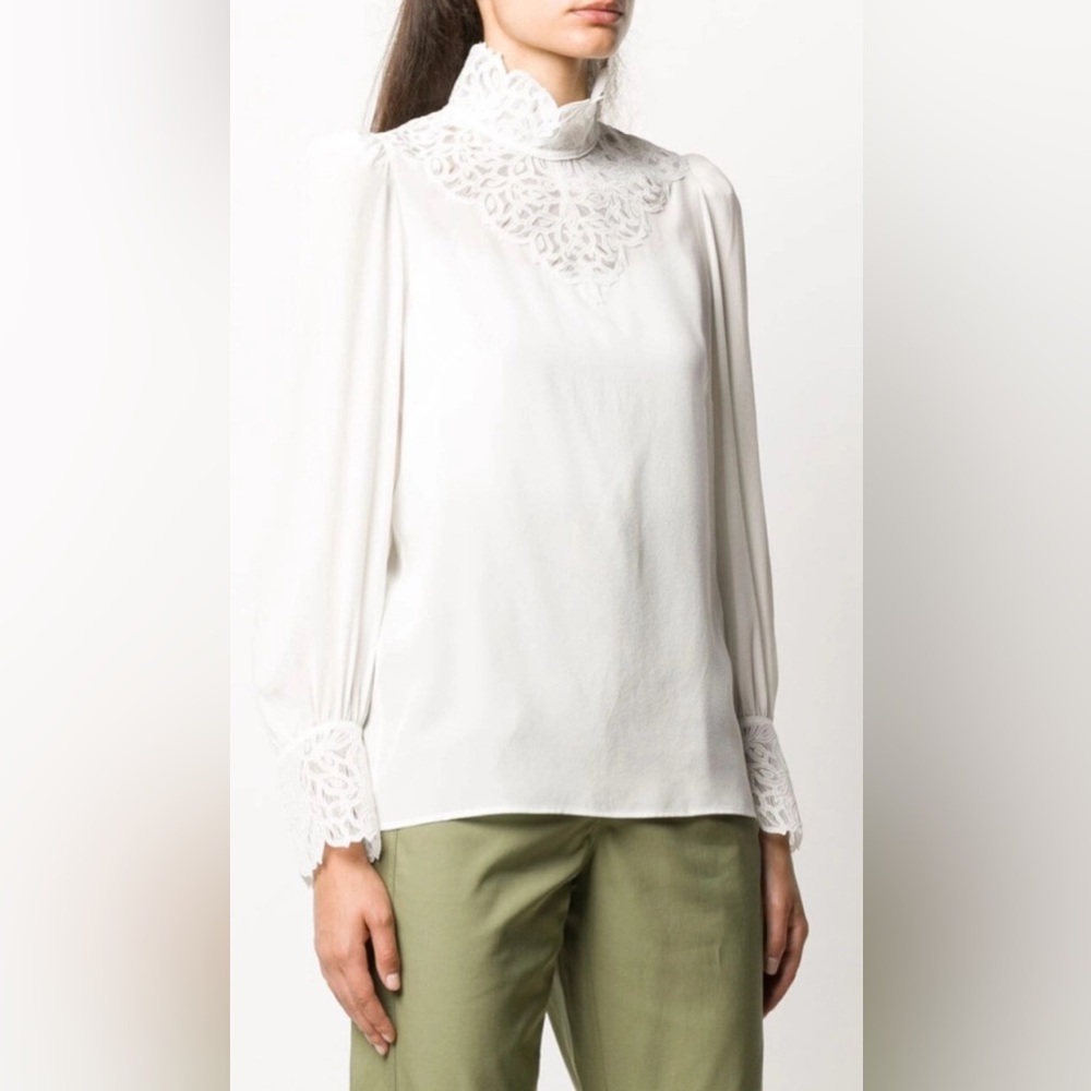 Sandro París 100% Silk Elegant Ecru Lace Trim Blouse